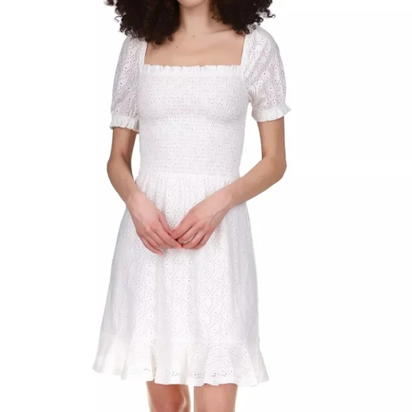 MICHAEL Michael Kors | Dresses | Mk Michael Kors Eyelet Smocked Peasant  Dress White Ivory Size L | Poshmark